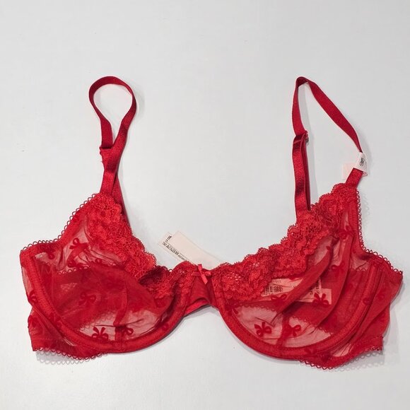 VS Tease Lace-Trim Unlined Demi Bright Vermillion Bows - Picture 5 of 8